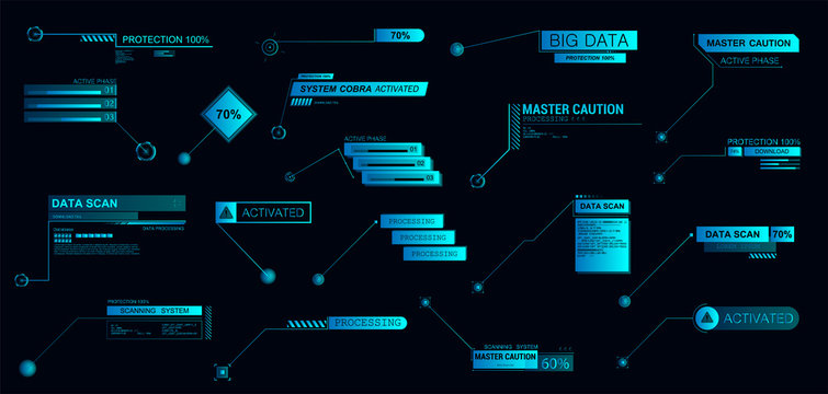 Digital Callouts titles in futuristic style HUD. Modern interface banners for presentation or infographics. Template set info callouts titles. Futuristic elements text bars. Vector illustration