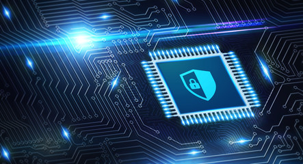 Cyber security data protection business technology privacy concept. Young businessman  select the icon security on the virtual display.