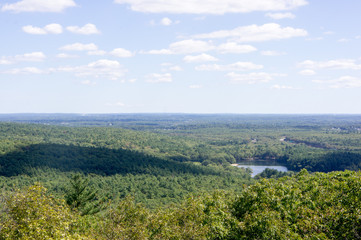 Fototapeta na wymiar Houghton's Pond in Milton, MA as seen from the top of the Great Blue Hill