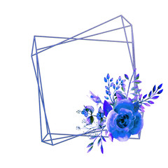 The geometric frame is framed with Blue rose flowers on a white isolated background. Flower poster, invitation. Watercolor compositions for the decoration of greeting cards or invitations.