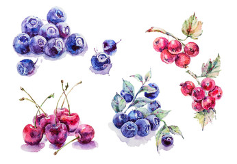 Set of juicy berries: raspberry, cherry, blackberry, blueberry. Watercolor clipart  isolated on white background