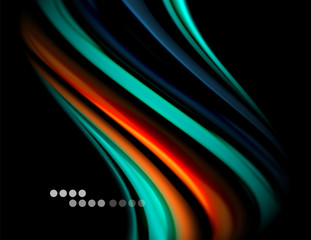 Silk smooth lines on black, liquid fluid color waves. Vector Illustration