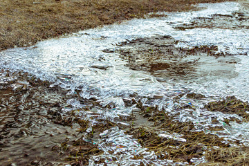 spring creek frozen during the night and partially growing by morning, selective focus