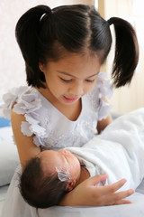 Asian child girl is carrying her sister on her lap.