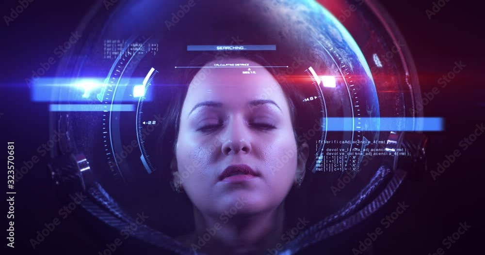 Poster young fearless beautiful female astronaut exploring the infinite space. she is exploring outer space