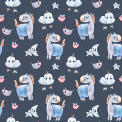 Watercolor hand painted seamless pattern. Unicorns, stars, clouds, moon on grey background. Perfect for scrapbooking paper, textile design, fabric, wallpaper, wrapping paper, wedding decoration