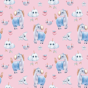 Watercolor hand painted seamless pattern.Unicorns, clouds, stars on pink background. Perfect for scrapbooking paper, textile design, fabric, wallpaper, wrapping paper, wedding decoration	