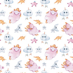 Watercolor hand painted seamless pattern. Unicorns-clouds, stars, sheep on white background. Perfect for scrapbooking paper, textile design, fabric, wallpaper, wrapping paper, wedding decoration	