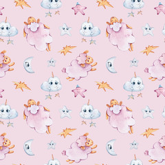 Watercolor hand painted seamless pattern. Unicorns-clouds, stars, sheep on white background. Perfect for scrapbooking paper, textile design, fabric, wallpaper, wrapping paper, wedding decoration	