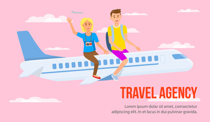 Man and Woman Sitting on Airplane Vector Banner. Travel Agency Horizontal Poster with Copyspace. Couple Going on Holiday, Honeymoon Flat Illustration. Friends, Male and Female Cartoon Characters