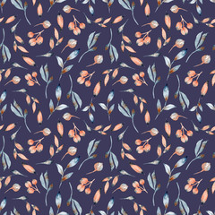 Watercolor hand painted floral seamless pattern. Elegant leaves and berries. Can be used for scrapbooking paper, design wrapping paper, fabric, textile