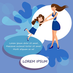 Kids Protection, Family Day Flat Illustration. Happy Sisters Having Fun Cartoon Characters. Mother Whirling Daughter. Two Girls Holding Hands. Young Woman with Teenager Playing Games