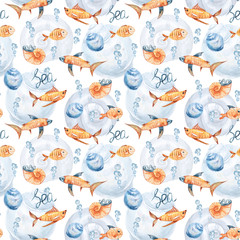 Watercolor hand painted nautical seamless pattern. Can be used for scrapbooking paper, design wrapping paper, packaging, travel decoration, background