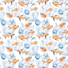 Tapeten Goldfisch Aquarell handgemaltes nahtloses nautisches Muster. Kann für Scrapbooking-Papier, Design-Geschenkpapier, Verpackung, Reisedekoration, Hintergrund verwendet werden