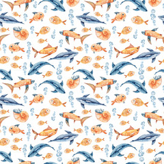 Watercolor hand painted nautical seamless pattern. Can be used for scrapbooking paper, design wrapping paper, packaging, travel decoration, background