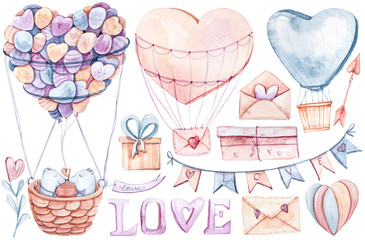 Watercolor hand painted cute bears in love. Illustration isolated on white background. Can be used for patterns, design greeting cards for holiday, birthday, invitations, poster, print. Lovely set