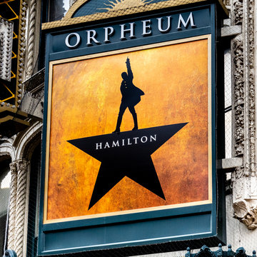 San Francisco, California–December 21, 2019:The sign for the hit musical Hamilton is displayed at the entrance of the Orpheum Theater.The show is about the life of founding father Alexander Hamilton.