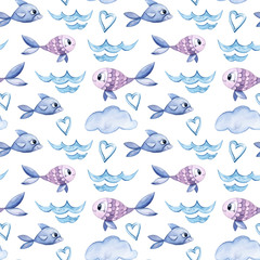 Watercolor hand painted kids seamless pattern. Blue cute fish. Can be used for scrapbooking paper, design wrapping paper, packaging, fabric, background