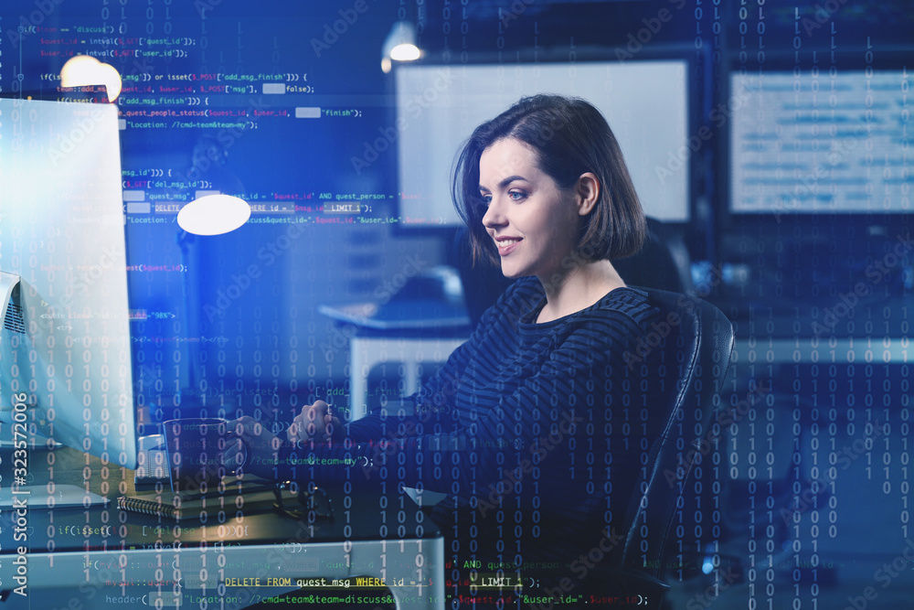 Poster female programmer working in office
