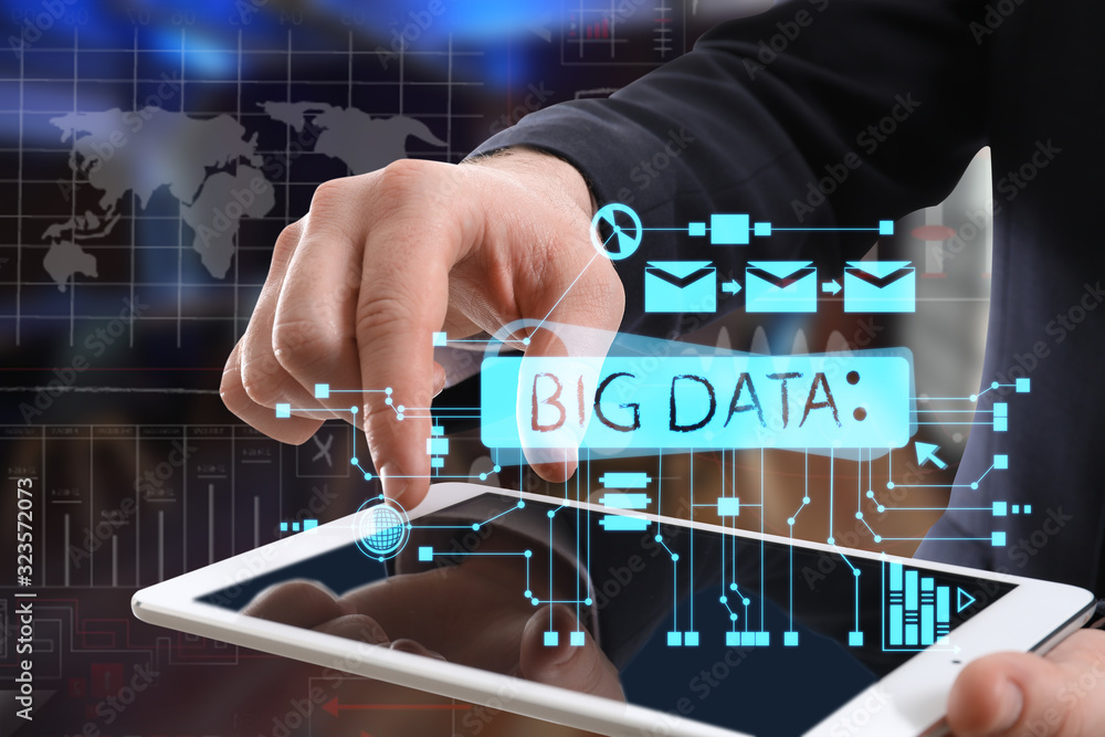 Poster businessman with tablet computer and hologram projection of data storage service, closeup
