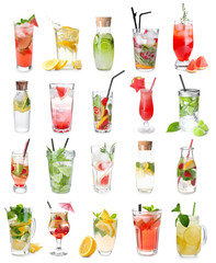 Different tasty lemonades on white background