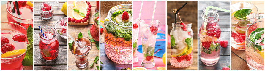 Collage of photos with fresh raspberry lemonade