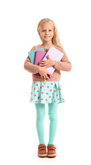 Little girl with books on white background