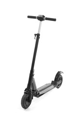 Modern electric kick scooter on white background