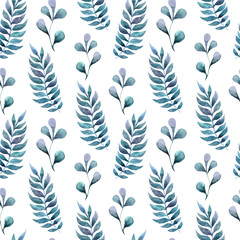 Watercolor hand painted floral illustration. Seamless pattern with leaves, branch, flowers. Perfect for wrapping paper, scrapbooking