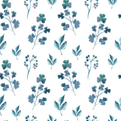 Watercolor hand painted floral illustration. Seamless pattern with leaves, branch, flowers. Perfect for wrapping paper, scrapbooking