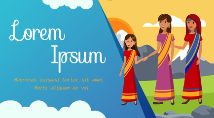 India Invites Tourists Vector Banner Template. Old Lady, Woman and Grandchild Holding Hands Cartoon Characters. Three Indian Generations Concept. Advertising Illustration with Text Space