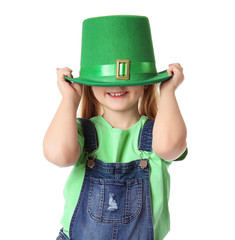 Funny little girl on white background. St. Patrick's Day celebration