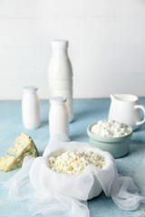 Different dairy products on table