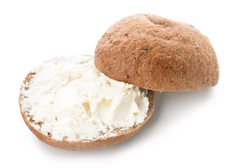 Fresh bun with tasty cream cheese on white background