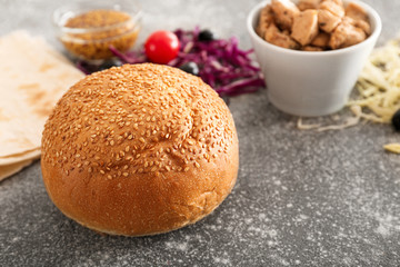Fototapeta premium Ingredients for tasty doner kebab on grey background