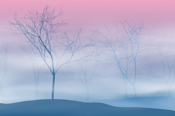 Fantasy on the theme of fog in the forest. Mysterious landscape, sunrise. Vector illustration, EPS10