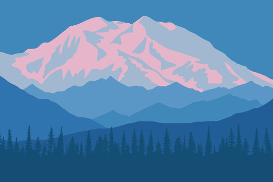 Vector drawing of Denali - McKinley, Alaska. Traveling in the mountains, climbing. Dawn landscape, peak in the sunrise.