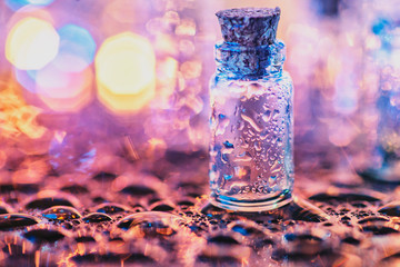 bottle for medicines. bottle for handmade, spices, drinks. bottle for perfume. bottle for olive oil. bottle for messages and old letters. closeup of empty glass jar with brown stopper