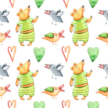 Cute forest animals on white background. Watercolor hand painted kids seamless pattern. Can be used for scrapbooking paper, design wrapping paper, packaging, fabric, background