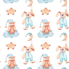 Aquarel handgeschilderde kinderen naadloze patroon. Dromend konijntje, priem, maan. Kan worden gebruikt voor scrapbookingpapier, ontwerp inpakpapier, verpakking, stof, achtergrond