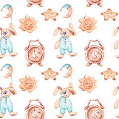 Watercolor hand painted kids seamless pattern. Dreaming bunny, sun, clock, star, moon. Can be used for scrapbooking paper, design wrapping paper, packaging, fabric, background