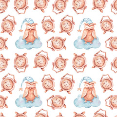 Watercolor hand painted kids seamless pattern. Dreaming bunny, clock. Can be used for scrapbooking paper, design wrapping paper, packaging, fabric, background