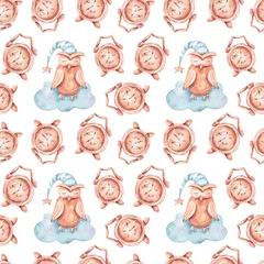 Foto op Plexiglas Slapende dieren Aquarel handgeschilderde kinderen naadloze patroon. Dromend konijntje, klok. Kan worden gebruikt voor scrapbookingpapier, ontwerp inpakpapier, verpakking, stof, achtergrond