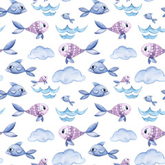 Watercolor hand painted nautical seamless pattern. Can be used for scrapbooking paper, design wrapping paper, packaging, travel decoration, background, fabric, linen