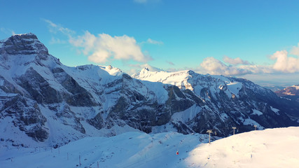 Famous skiing area in the Swiss Alps called Frutt Melchsee in Switzerland - aerial photography