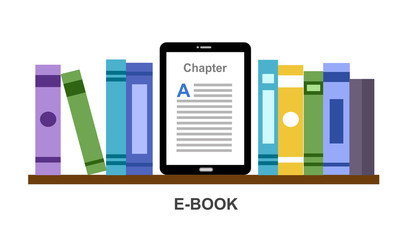 Bookshelf with books and Ebook reader device. Online digital library and Ebook concept vector illustration on white background. Creative flat design template for web banner, landing page.