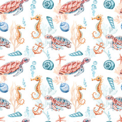 Watercolor hand painted nautical seamless pattern. Can be used for scrapbooking paper, design wrapping paper, packaging, travel decoration, background