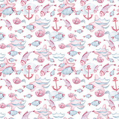 Watercolor hand painted nautical seamless pattern. Can be used for scrapbooking paper, design wrapping paper, packaging, travel decoration, background