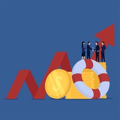 Business flat vector concept team handshake for sales increase with coins and lifebuoy metaphor of growth and strategy.