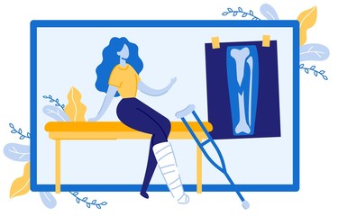 Female Character Sitting on Couch with Foot Fracture Looking at Xtay Picture with Broken Leg Flat Cartoon Vector Illustration. Patient with Injury Waiting for Consultation. Crutch near Woman.